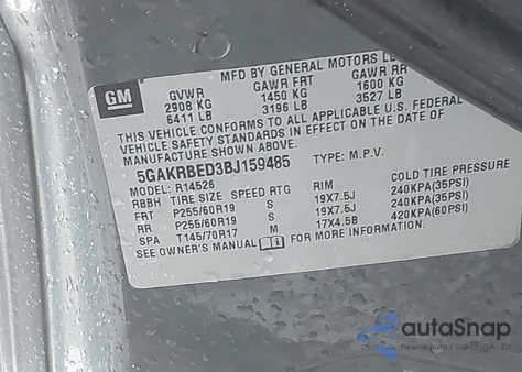 2011 Buick Enclave 1Xl из США, поврежденный, VIN 5GAKRBED3BJ159485